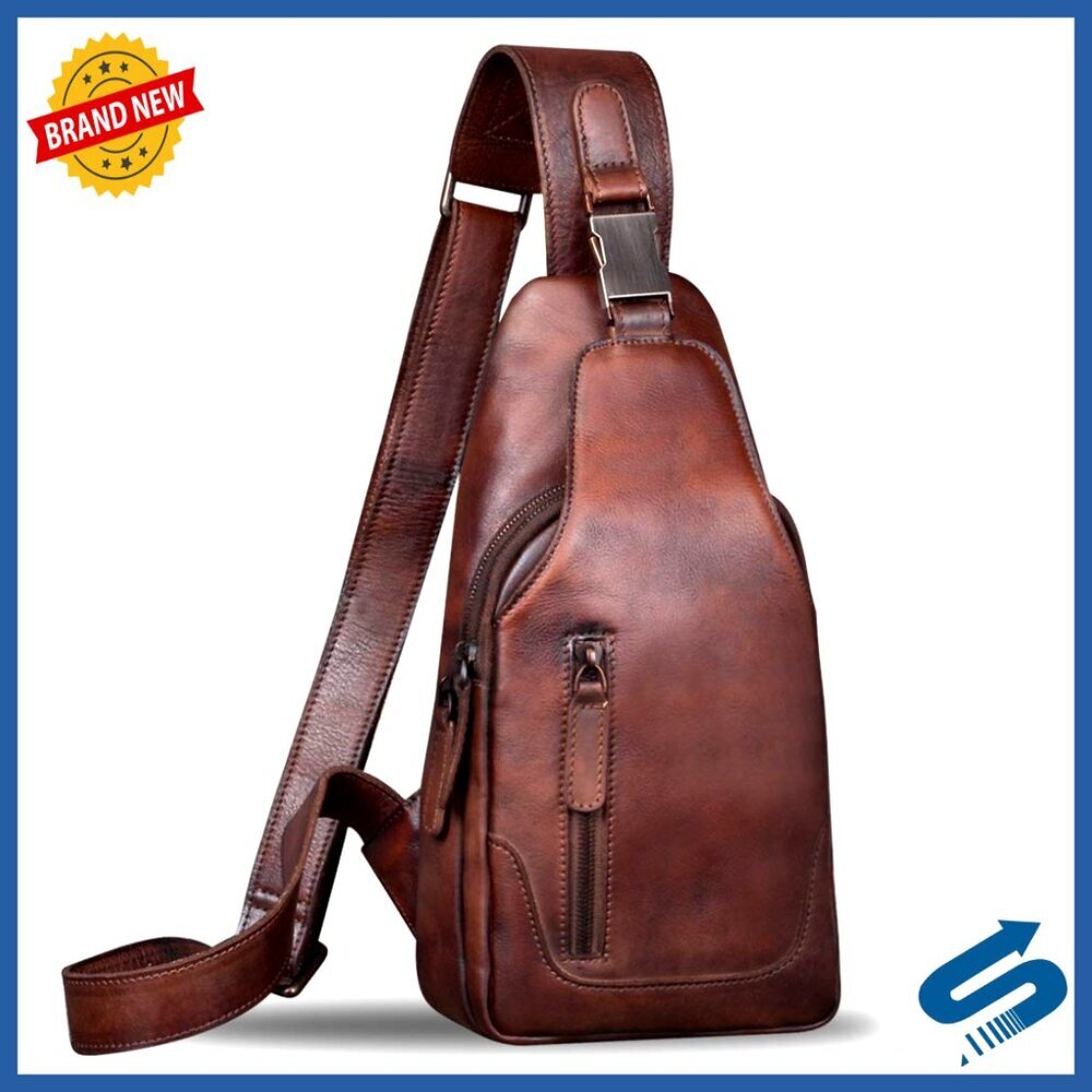 Genuine Leather Sling Backpack Daypack Crossbody Bag Adjustable Strap